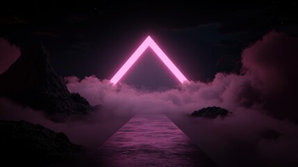Digital art piece that appears to be a surreal landscape with a dark background. in the center of the image, there is a large pink triangle that is lit up with a bright pink light.