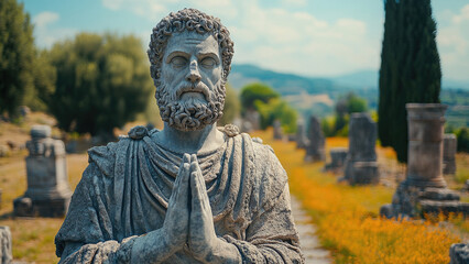 Ancient Statue of a Bearded Figure in Prayer Pose with a Scenic Background