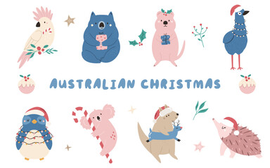 Set of hand drawn Australian animal characters koala, quokka, cockatoo, emu, echidna and kangaroo.
