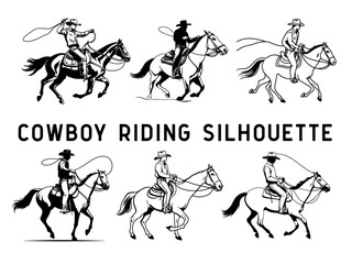 Cowboy rider riding a horse. This is a Wild West figure illustration of a guy riding a horse wearing a cowboy hat and lasso line art vector silhouette