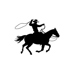 Cowboy silhouette rider riding a horse. This is a Wild West figure illustration of a guy riding a horse wearing a cowboy hat and lasso.
