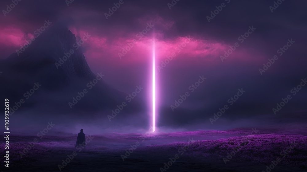 Poster digital art piece that appears to be a surreal landscape. it shows a person standing in the middle o