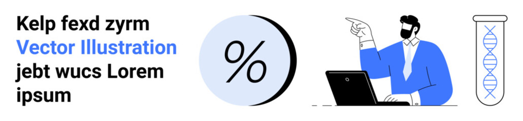 Man points while using laptop, surrounded by percentage symbol and DNA helix. Ideal for business presentations, marketing materials, educational content, scientific research, technology sectors