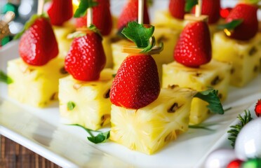 canapes on skewers with strawberries and pineapples on a festive background