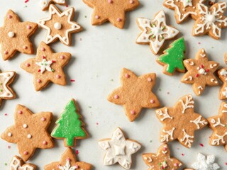 Christmas gingerbread cookies in various shapes like stars trees and snowflakes decorated with colorful icing and sprinkles on a festive background festive icing