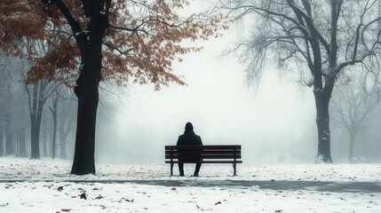 a person sitting alone on a wooden bench in a foggy park, surrounded by barren trees and snow, a melancholic atmosphere, solitude, thoughtfulness, loneliness, self-absorption, Blue Monday