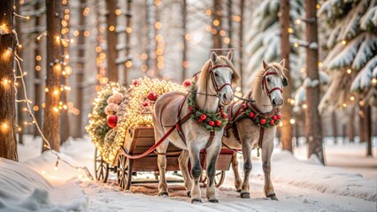 Enchanting winter sleigh ride with decorated horses in snowy forest