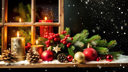 Festive holiday arrangement with candles and ornaments by a window with snowfall
