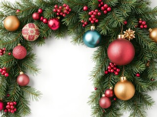 Fototapeta premium Christmas pine branch adorned with festive decorations and colorful balls, traditional, balls