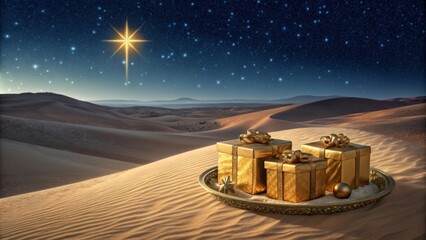Golden christmas gifts beneath starry desert night sky