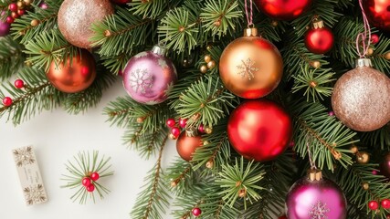 Christmas pine branch adorned with shiny decorations and colorful balls, balls, traditional