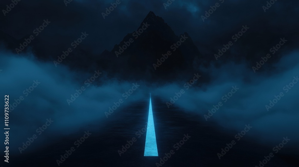 Poster dark and mysterious scene with a mountain in the background. the mountain is covered in fog and the 