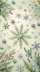 Winter botanical arrangement with snowflakes and greenery on pastel background