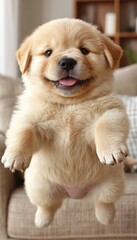 Fototapeta premium Puppy Obedience Training Professional Trainer Focuses on Jumping Behavior Indoors