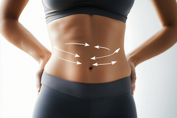 Fit woman stomach with arrows showing direction of cosmetic treatment,