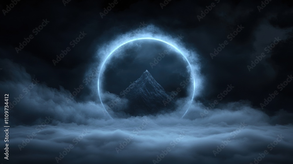 Poster digital art piece that appears to be a photograph of a mountain peak in the middle of a cloudy sky. 