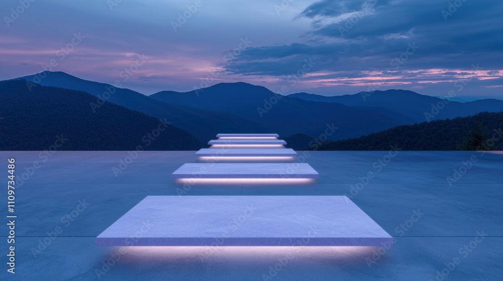 Aufkleber long, rectangular platform in the middle of a vast, empty space with a beautiful landscape in the ba