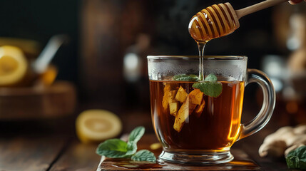Honey pouring into ginger Tea
