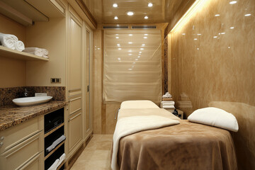 Fototapeta premium interior and treatment room in luxury beauty clinic, modern, stylish, beige and earth tones