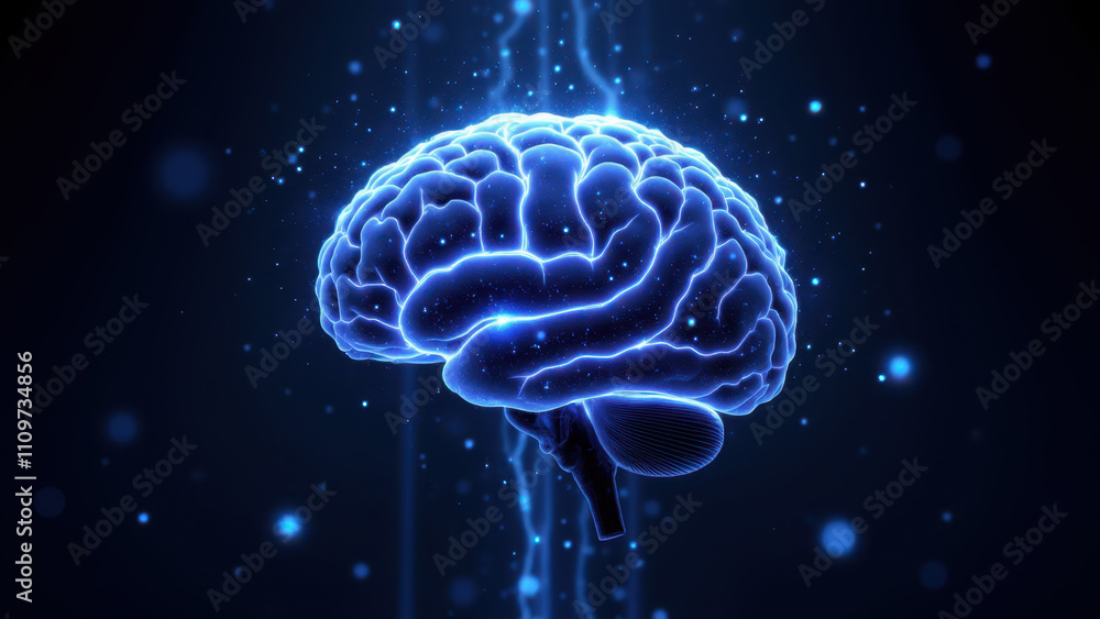 Poster illustration of a human brain with glowing elements representing artificial general intelligence.