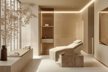 interior and treatment room in luxury beauty clinic, modern, stylish, beige and earth tones