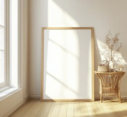 Blank White Poster in Oak Frame Leaning Against Wall in Cozy Living Room with Natural Lighting, Wooden Floor, and Wicker Side Table.