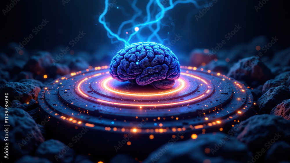 Poster a striking visual representation of artificial general intelligence, featuring a glowing brain at th