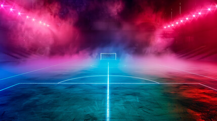 Textured soccer field with neon fog at the center, midfield area. 3D illustration.