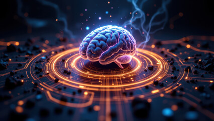 An illustrated depiction of a human brain with neural patterns radiating from its center against a cosmic backdrop, symbolizing artificial general intelligence (AGI).