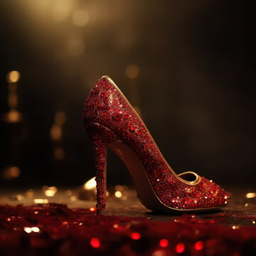 Elegant high-heeled sumptuous ruby red and gold glittered stiletto shoe on a sparkling rich background