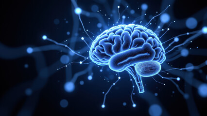 Fototapeta premium A futuristic representation of Artificial General Intelligence with glowing blue neural networks emanating from a human brain icon.