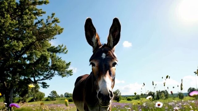 Donkey with a silly expression, ears perked, standing in a grassy meadow, under a bright clear blue sky.