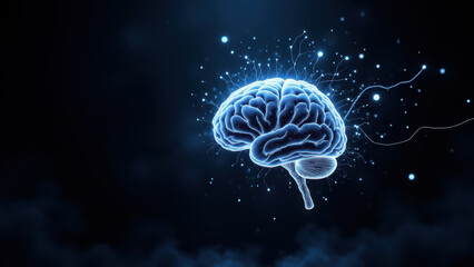 Obraz premium Illustration of a human brain with glowing blue sparkles emanating from it against a dark background, symbolizing artificial general intelligence (AGI).