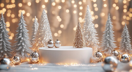 Decorative winter wonderland with sparkling trees and ornaments illuminated by soft lights
