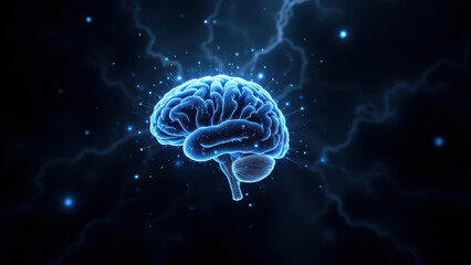 Obraz premium This image depicts an artistic representation of a human brain set against a cosmic backdrop with stars and lightning, symbolizing artificial general intelligence (AGI).