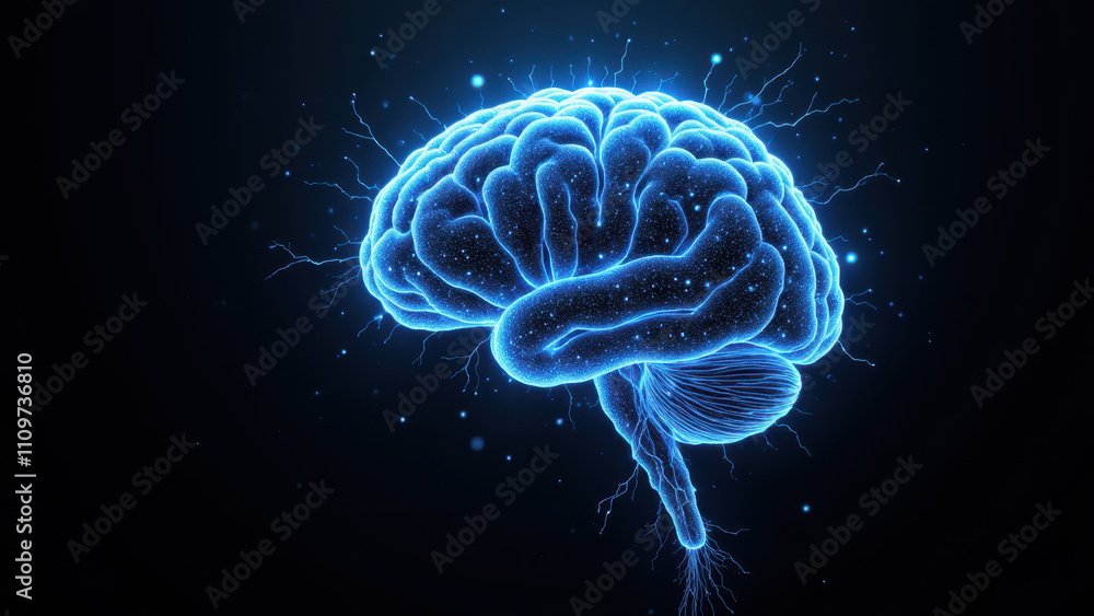 Poster an artistic representation of a human brain with an abstract digital interface, symbolizing artifici