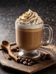 capuccino coffee with whipped cream foam in glass mug