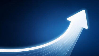 Glowing white arrow rise up on dark blue background. Investment, business growth. Copy space.