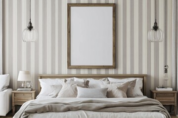 Elegant bedroom with a blank wooden frame above the bed, featuring light gray vertical striped walls, modern decor, a white sofa, bedside tables, and pendant lights.