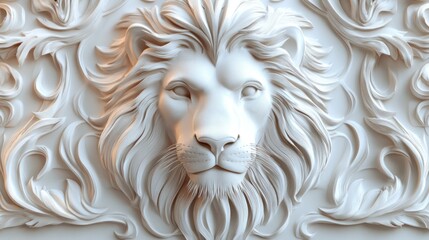 Fototapeta premium White lion head relief sculpture with ornate frame.