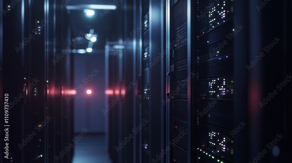 Poster cinematic view of led-lit server rack in modern data center environment
