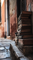 Obraz premium Stack of Vintage Books Against Weathered Wall in Rustic Lighting, Highlighting Aged Textures and Historical Charm