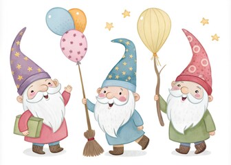 Naklejka premium A watercolor illustration of three magic gnomes with balloons on a white background. The gnomes are wearing pointy hats and have long beards. They are holding a wand, a broom, and balloons. 
