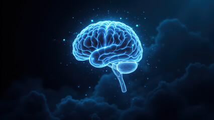 Futuristic AI brain illustration with glowing clouds.