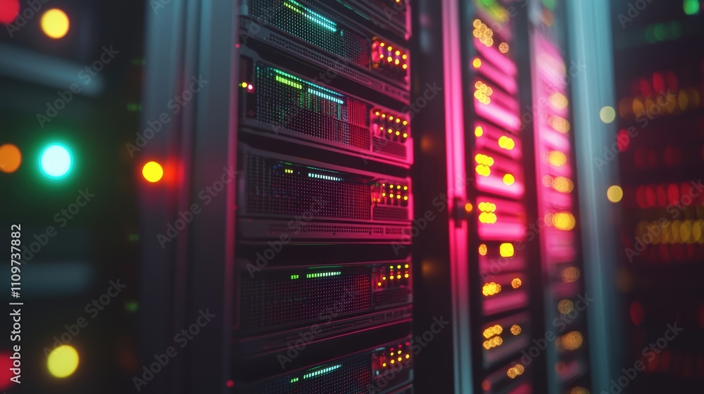 Poster data center server front panel with blinking led lights in focus