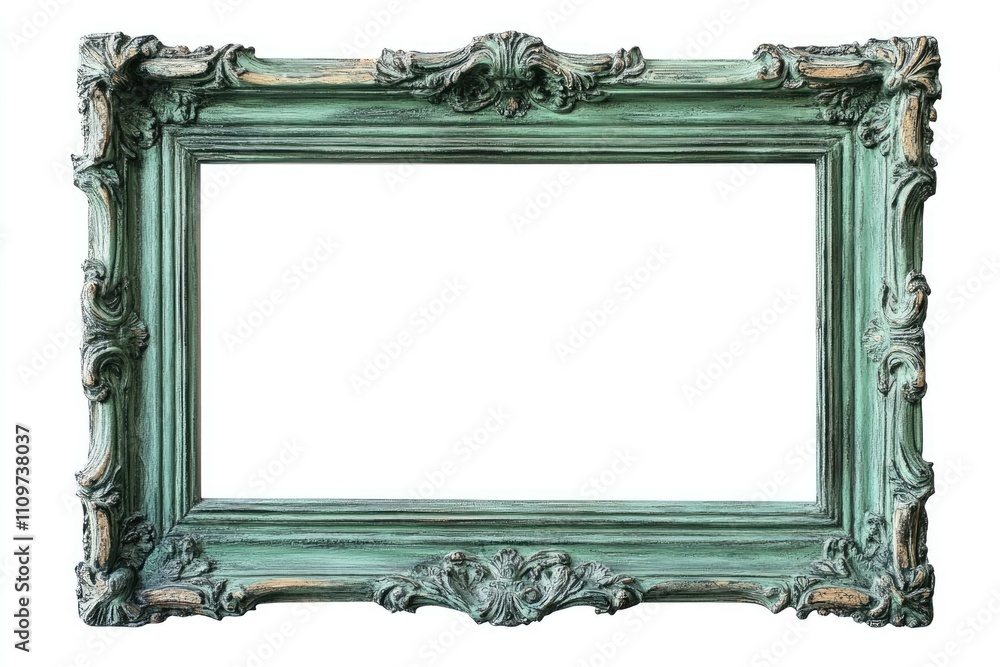 Poster vintage green border: isolated rectangular frame with classical touch on white background