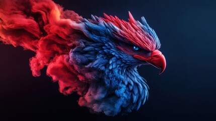Fototapeta premium Vibrant and Colorful Fantasy Bird with Fiery Smoke Effects Radiating from Its Head, Symbolizing Power and Freedom in a Dark Background