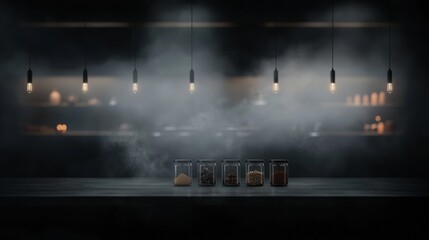 Naklejka premium Row of six glass jars on a wooden table in a dimly lit room. the jars are filled with different types of spices, including nuts, seeds, and dried fruits.