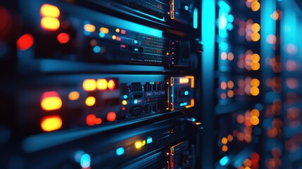 Close-Up of LED-Lit Server Panel in Modern Data Center Environment for Tech Designs