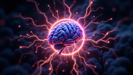 Fototapeta premium A futuristic depiction of artificial intelligence with a human brain emitting electric energy, signifying advanced cognitive power.